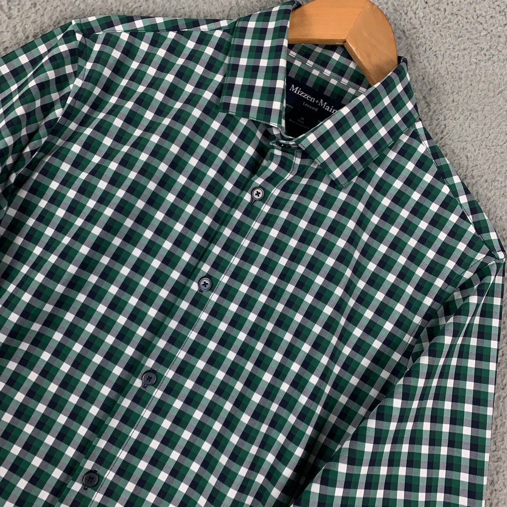 Mizzen+Main Leeward Dress Shirt‎ Men's Medium M Green Gingham Trim Fit Stretch
